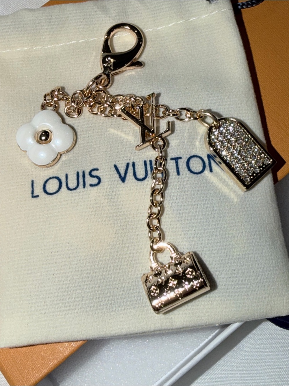 Gold Tone Charm/zipper pull/ belt or bracelet charm with Flower & Pavé Tags